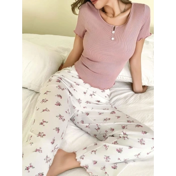 Kadın Çiçekli Desen Yumuşak Pamuklu Uzun Pijama Takımı 5131