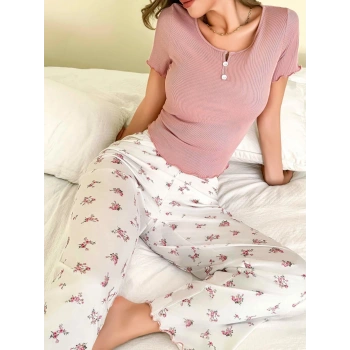 Kadın Çiçekli Desen Yumuşak Pamuklu Uzun Pijama Takımı 5131