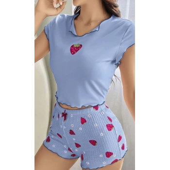 Kadın Çilek Desenli Bebe Mavi Seksi Gecelik Takım 5005