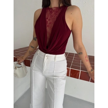 Kadın Dantel Detaylı Derin Dekolte Body Şık Kolsuz Yazlık Bodysuit - Bordo