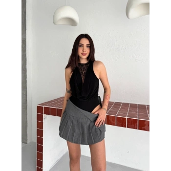 Kadın Dantel Detaylı Derin Dekolte Body Şık Kolsuz Yazlık Bodysuit - Siyah