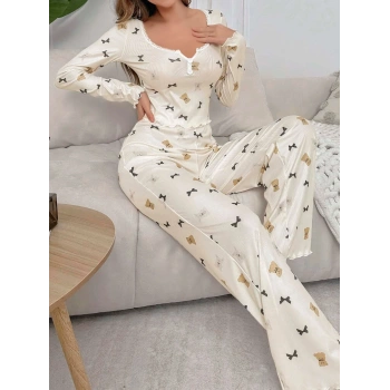 Kadın Ekru Ayıcık ve Fiyonk Desenli Yumuşak Pamuklu Uzun Pijama Takımı 5129