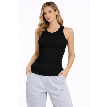 Kadın Fitilli Atlet Sıfır Yaka Slim Fit Arka Baskılı Spor Atlet - Siyah