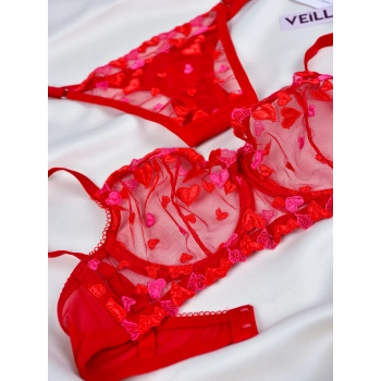 Kadın  Kalpli Kırmızı Dantelli Balenli  Sütyen Külot Takım