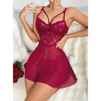 Kadın Kırmızı Fantazi Gecelik Tül Göğüs Dantel Dekolteli Fiyok detaylı 2162