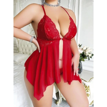 Kadın kırmızı fantezi büyük beden gecelik takımı