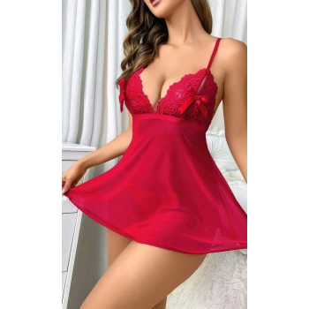Kadın Kırmızı Fantezi Gecelik Kısa Tül Göğüs Fiyok Detaylı 2097