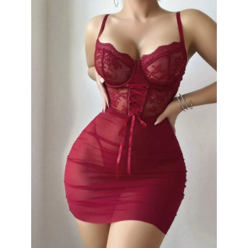 Kadın Kırmızı Fantezi Gecelik Tül Dantel Fiyonk Detaylı Askılı 2209