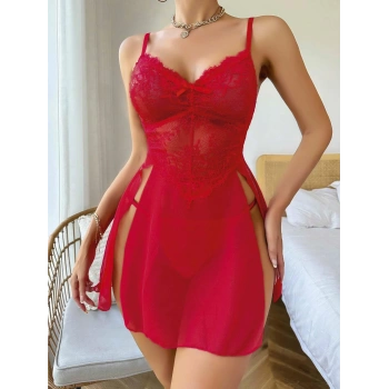 Kadın Kırmızı Fantezi Gecelik Tül Fiyonk detaylı Yanları Dekolteli 2160