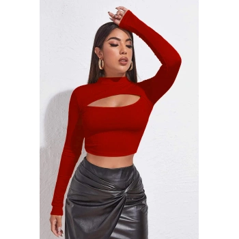 Kadın Kırmızı Göğüs Dekolteli Uzun Kollu Cut Out Crop Top Bluz