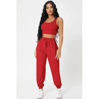 Kadın Kırmızı Kaşkorse Cepli Jogger Eşofman Altı Ve Crop Top Bluz