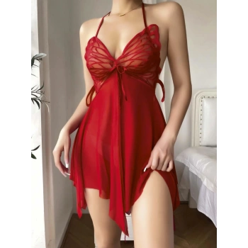Kadın Kırmızı Kelebek Detaylı Tül Fantezi Gecelik 2246