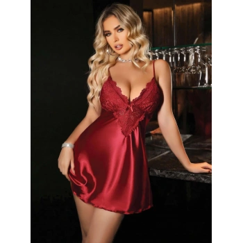 Kadın Kırmızı Saten Askılı Dantel Detaylı Gecelik 2227