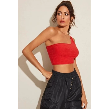 Kadın Kırmızı Tek Omuz Crop Büstiyer