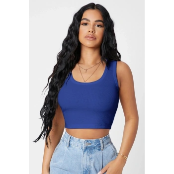 Kadın Lacivert Kare Yaka Crop Top Bluz