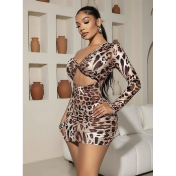 Kadın Leopar Desenli Tek Omuzlu Oyuk Detaylı Bükümlü Seksi Mini Elbise
