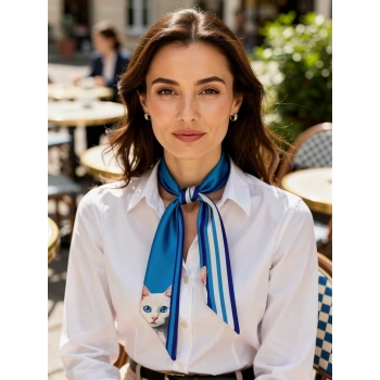 Kadın Mavi Çizgili ve Kedi Desenli Fular – Gömlek, Blazer ve Çanta İçin Uygun– Hediye Alternatifi