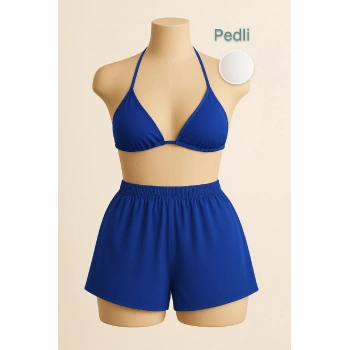 Kadın Mavi Şortlu Belden Ve Boyundan Bağlamalı Bikini Takımı