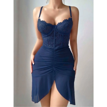 Kadın Mavi Transparan Dantel Detaylı Tül Fantezi Gecelik 2242