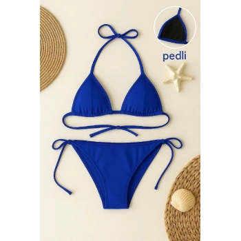 Kadın Mavi Yandan Ve Boyundan Bağlamalı Bikini Mayo Takımı
