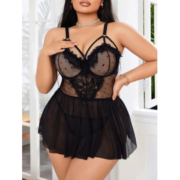 Kadın Nakışlı Siyah Gotik İp Askılı Büyük Beden Tüllü Transparan Fantezi Gecelik 8007