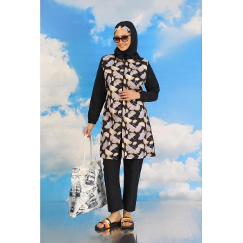 Kadın Pantolonlu Desenli Tam Tesettür Mayo Lacivert