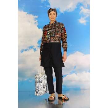 Kadın Pantolonlu Desenli Tam Tesettür Mayo Lacivert