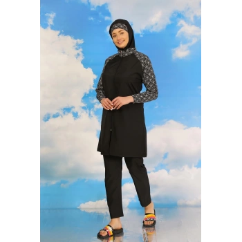 Kadın Pantolonlu Desenli Tam Tesettür Mayo Siyah
