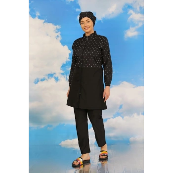 Kadın Pantolonlu Desenli Tam Tesettür Mayo Siyah