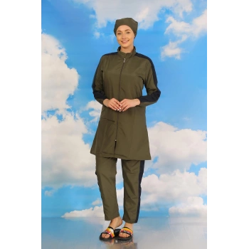 Kadın Pantolonlu Kolu Şeritli Tam Tesettür Mayo Haki