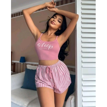 Kadın Pembe Çizgili Desen Askılı Şortlu Pijama Takım 9002