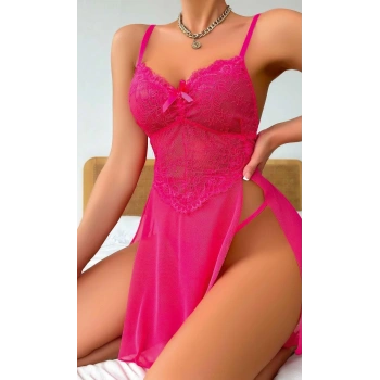 Kadın Pembe Fantezi Gecelik Tül Fiyonk detaylı Yanları Dekolteli 2091