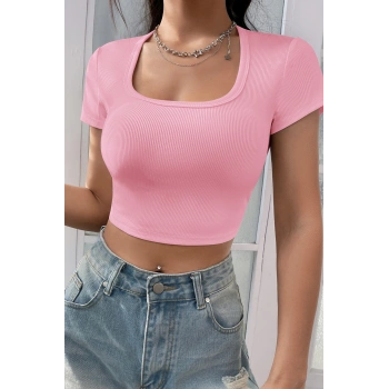 Kadın Pembe Yarım Kol Düz Yaka Crop Top Bluz