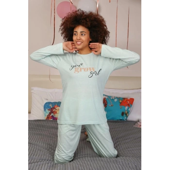 Kadın Penye Uzun Kol Pijama Takım Su Yeşili