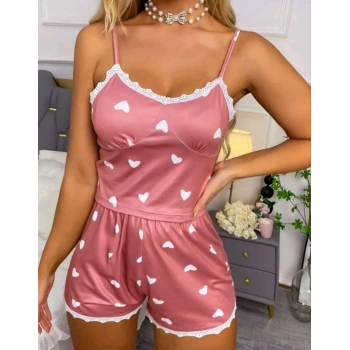 Kadın Pudra Kalp Desenli Seksi Gecelik Takım 5019