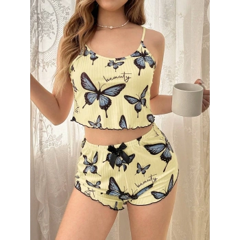 Kadın Sarı Kelebek Desenli Askılı Şortlu Ribana Pijama Takımı,Rahat ve Şık Ev Giyim,Kadın Pijama