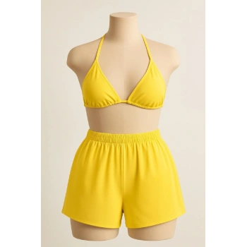 Kadın Sarı Şortlu Belden Ve Boyundan Bağlamalı Bikini Takımı