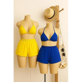 Kadın Sarı Ve Mavi Şortlu Belden Ve Boyundan Bağlamalı Bikini Takımı