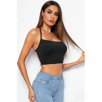 Kadın Sırtı Açık Siyah Belden Bağlamalı Crop Büstiyer