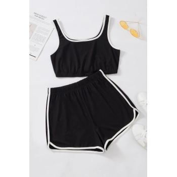 Kadın Siyah Askılı Crop Top Ve Şortlu Gecelik Takım H110560