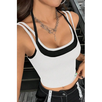 Kadın Siyah Beyaz Çift Renk Çapraz Askılı Crop Top Bluz