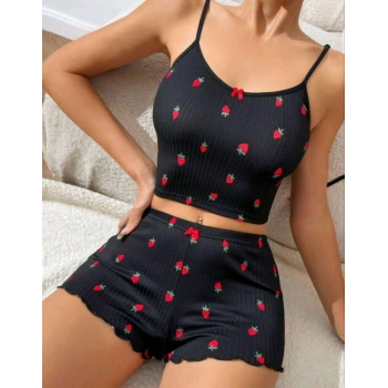 Kadın Siyah Çilek Desenli Seksi Gecelik Takım 6644