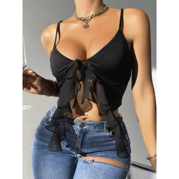 Kadın Siyah Crop Askılı Önden Bağlama Fırfır detaylı 5089