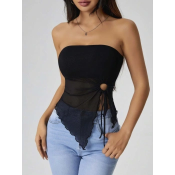 Kadın Siyah Crop Önden Halka Büzgü detaylı 5094