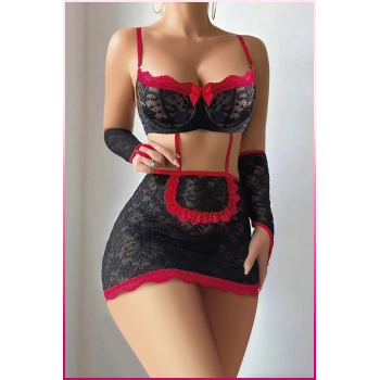 Kadın Siyah Dantel Etekli, Kol Bantlı, Göğüs Balenli  Fantazi Kostüm