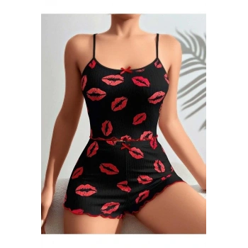 Kadın Siyah Dudak Desenli Şortlu Pijama Takımı 5057
