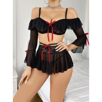 Kadın Siyah Etek Bustiyer Sexy Gecelik Takım 3831