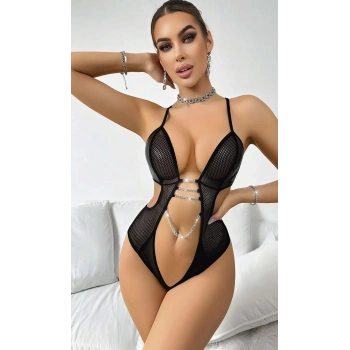 Kadın Siyah Fantazi Kostüm  Göğüs dekolte Zincir Detaylı 2052