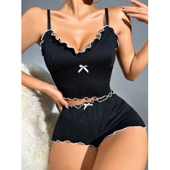 Kadın Siyah Fitilli Askılı Şortlu Pijama Takım 6659