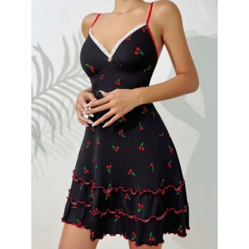 Kadın Siyah Kiraz Baskılı  Akılı Gecelik 5110